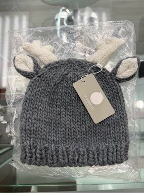 Cozy Gray Knit Kids Beanie with Cream Antlers - The Blueberry Hill